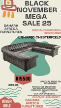 Load image into Gallery viewer, Advertisement for Sahara Africa Furnitures' L-shaped Chesterfield sofa during Black November Mega Sale.