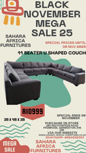 Load image into Gallery viewer, Promotional poster for Sahara Africa Furnitures with a U-shaped couch and Black November sale text.
