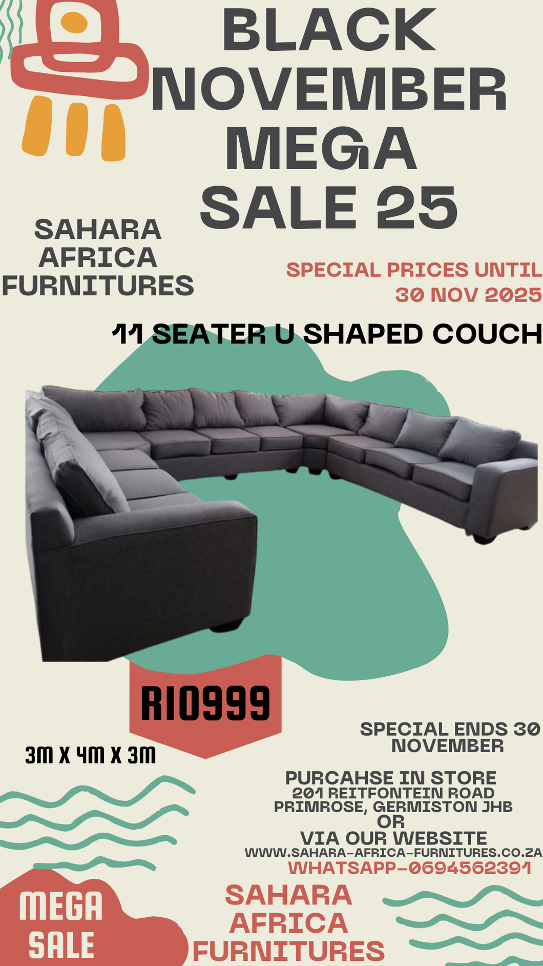 Promotional poster for Sahara Africa Furnitures with a U-shaped couch and Black November sale text.