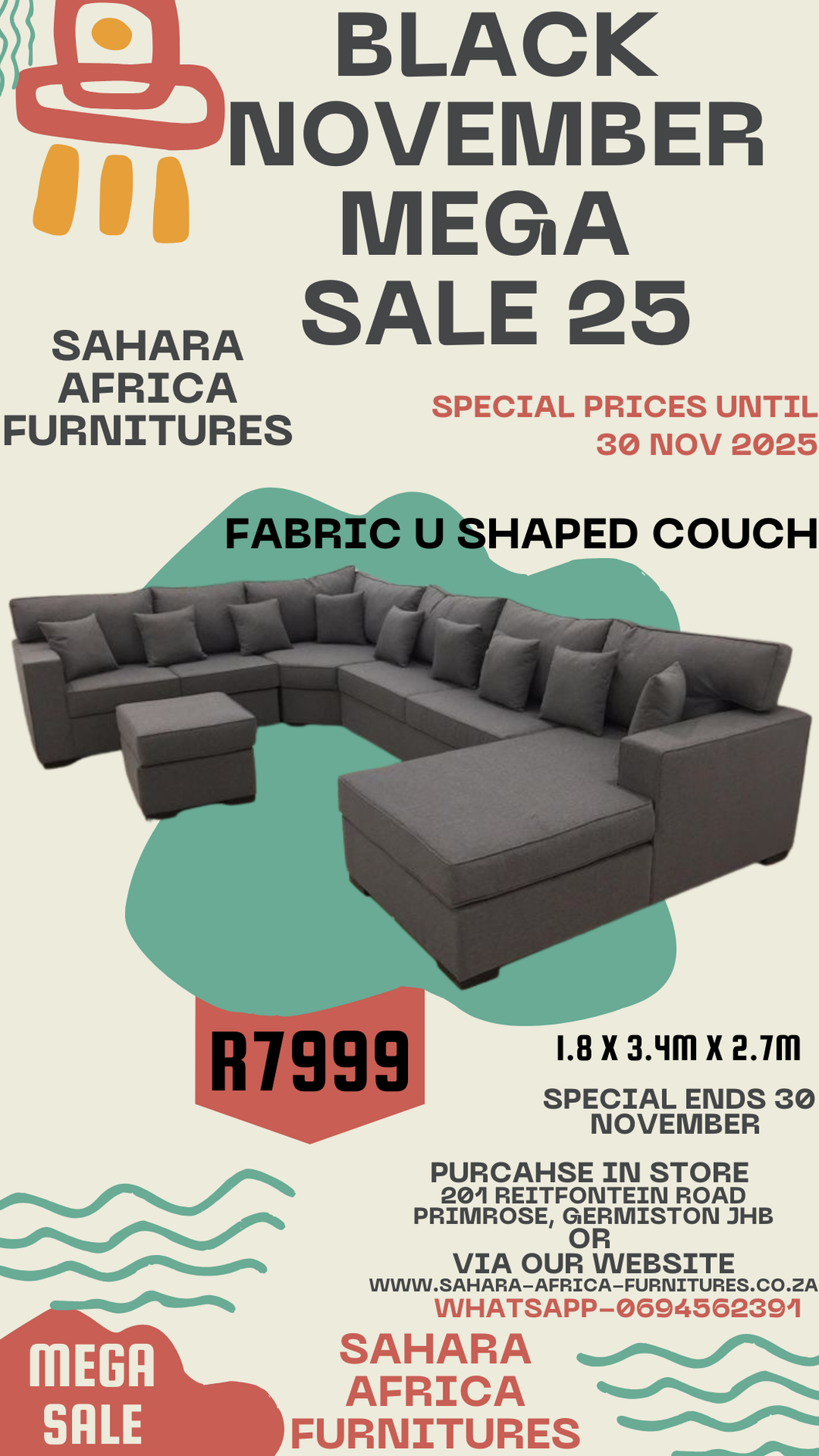Grande u shaped couch + ottoman R7999