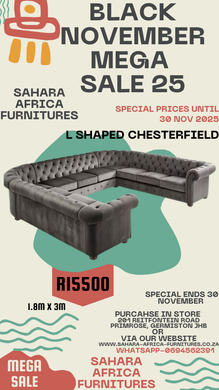 Advertisement for Sahara Africa Furnitures' L-shaped Chesterfield sofa during Black November Mega Sale.