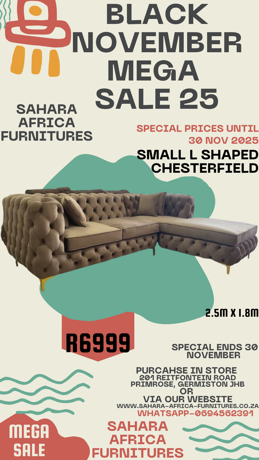 Full Buttoned l shaped chesterfield 2.5m x 1.8m