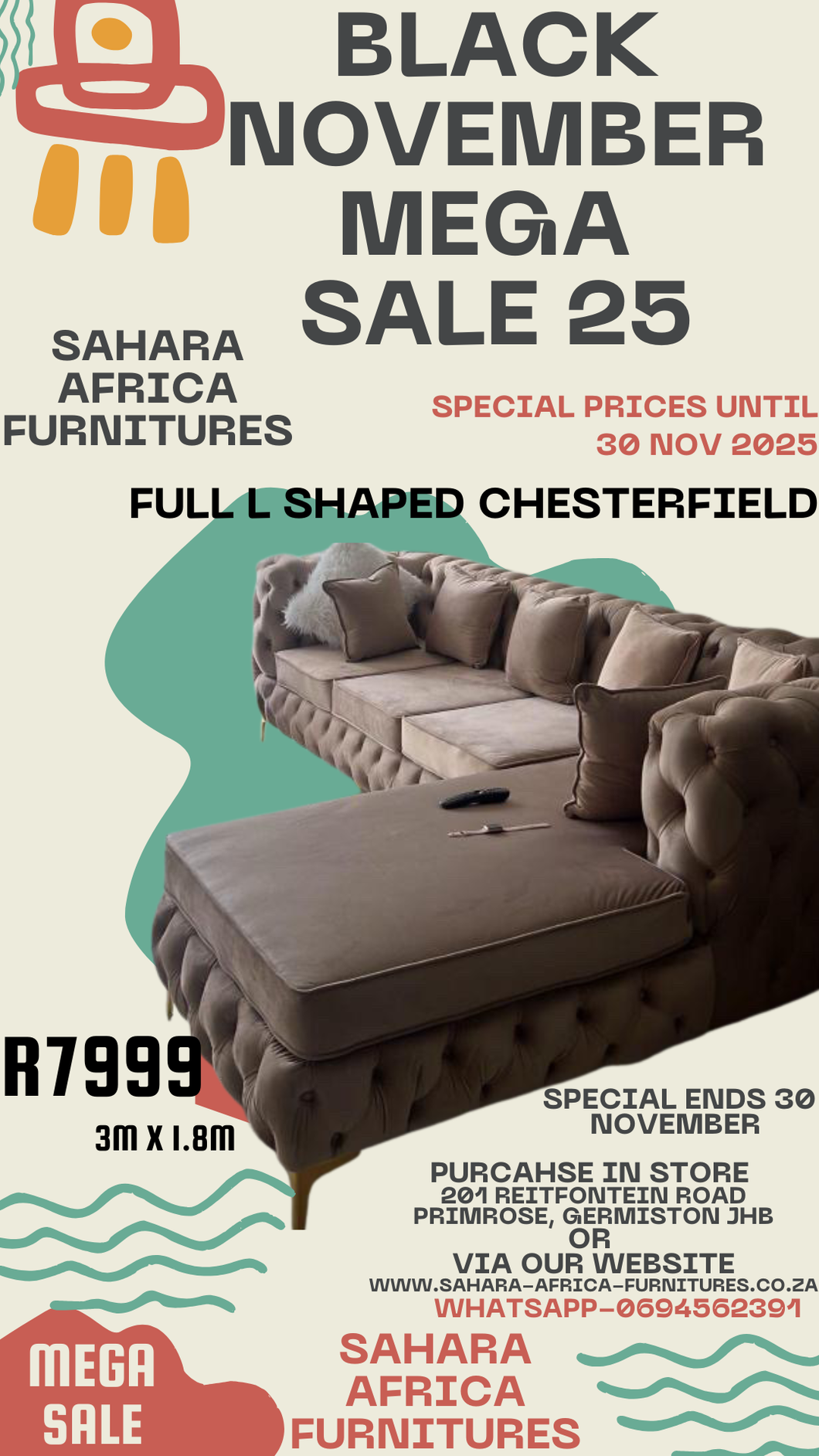 Advertisement for Sahara Africa Furnitures' Black November Mega Sale with a Chesterfield sofa.