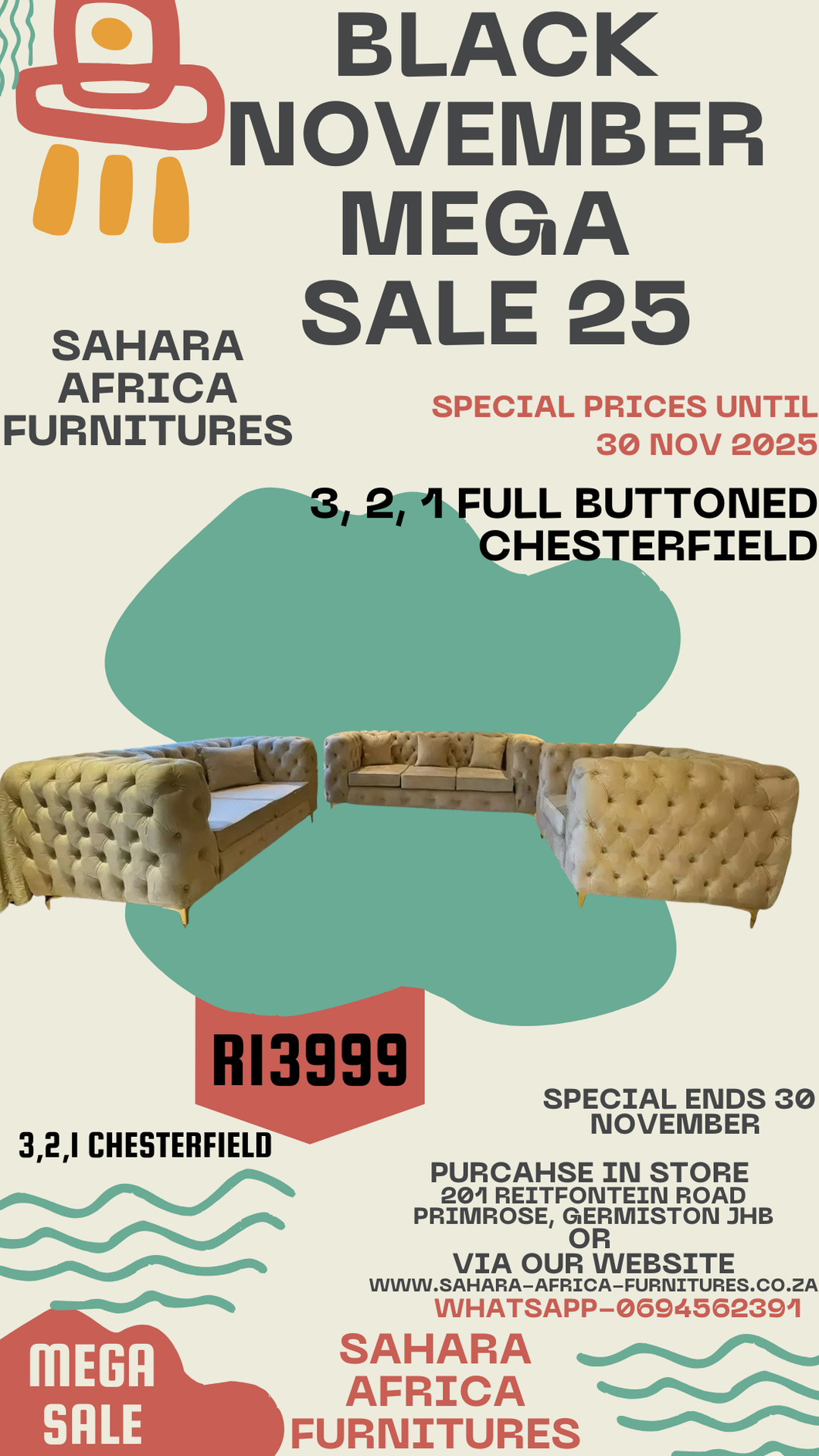 Promotional poster for Sahara Africa Furnitures' Black November Mega Sale with furniture images and text.