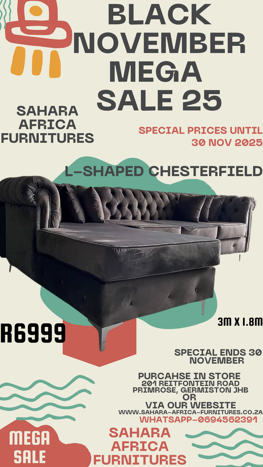 Advertisement for Sahara Africa Furnitures with a black L-shaped Chesterfield sofa, promotional text, and contact information.