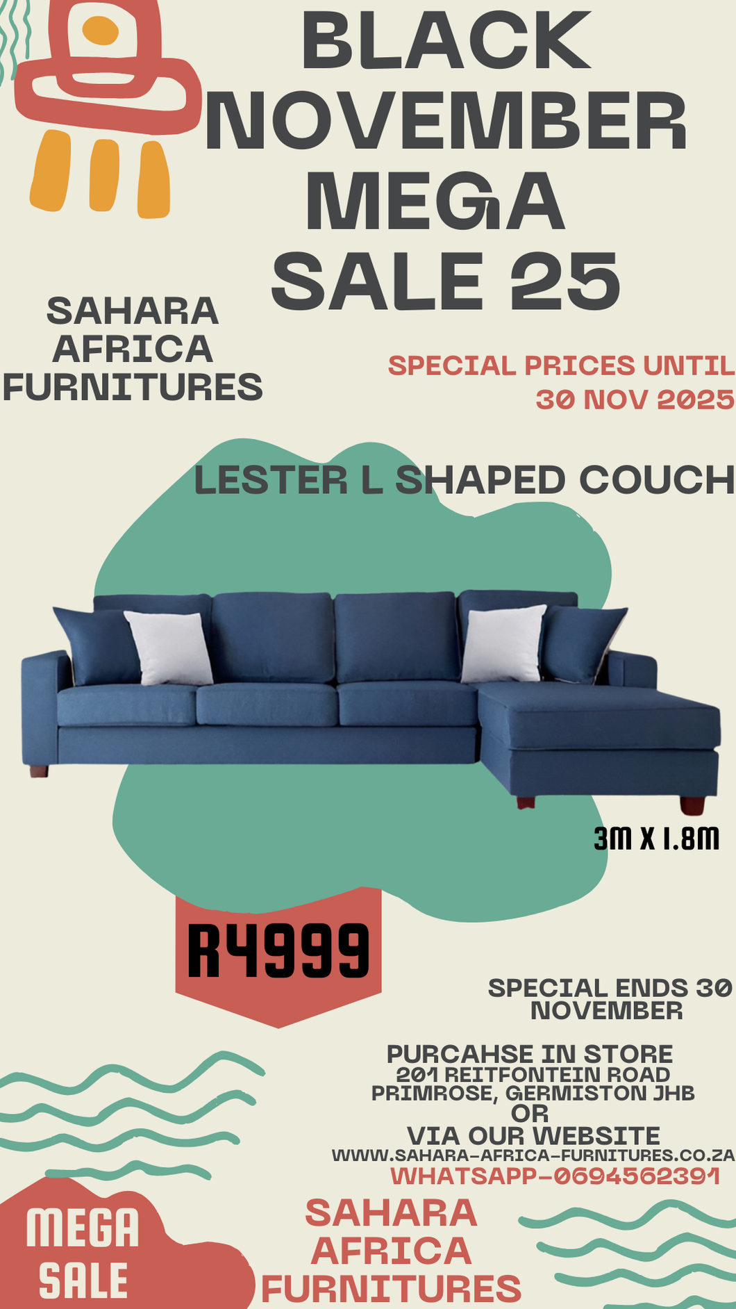 Lester Fabric L shaped couch