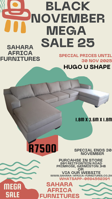 Advertisement for Sahara Africa Furnitures' Black November Mega Sale with a sectional sofa and promotional text.